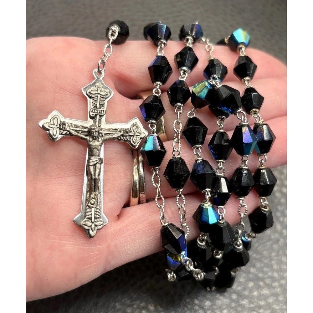 VTG Saint Anne De Beaupre Black AB Bead Rosary Necklace Cross Silver Tone 32"